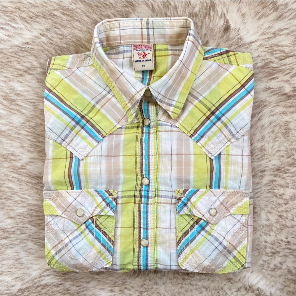Vintage Y2K True Religion Western Pearl Snap Plaid Button Down Shirt